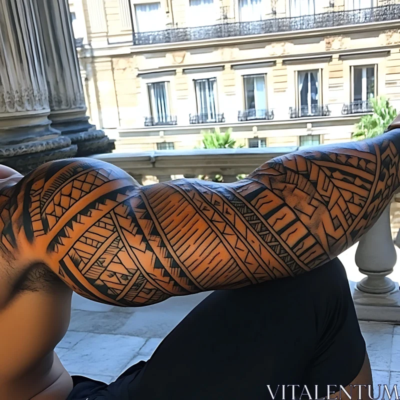 Intricate Tribal Arm Tattoo with Architectural Backdrop AI Image