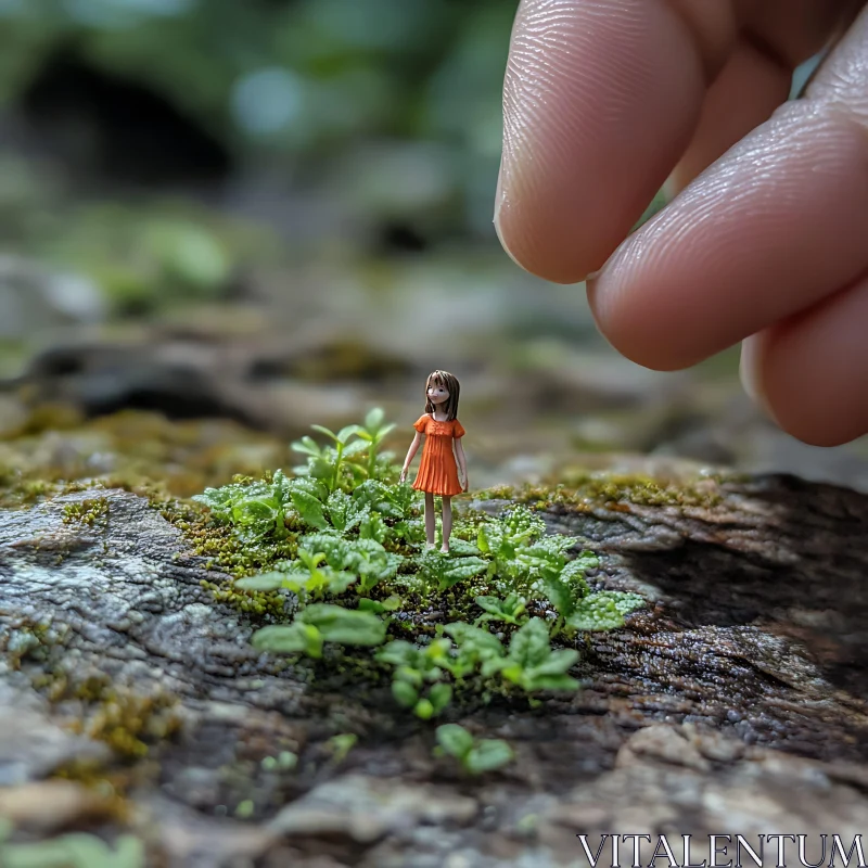 Tiny Girl and Giant Hand in Forest Landscape AI Image