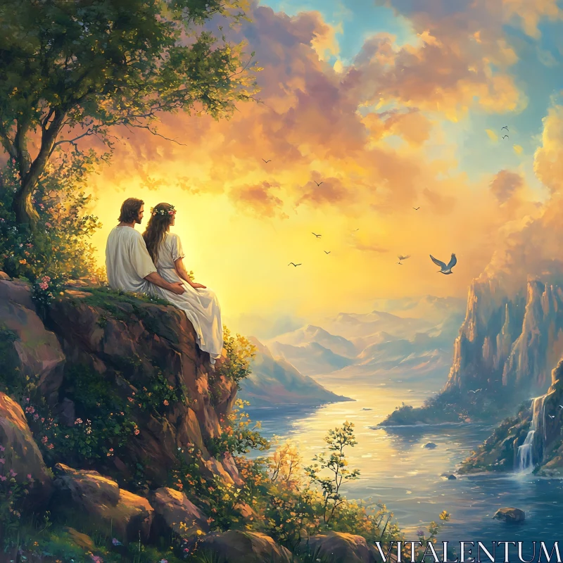 AI ART Cliffside Serenity: A Couple's Golden Moment