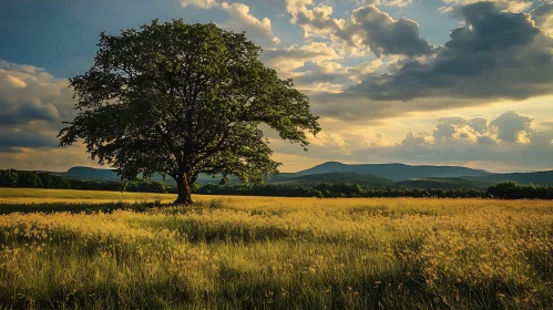 Lone Tree in Meadow at Sunset