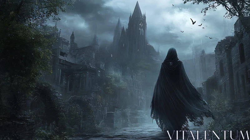 AI ART Dark Gothic Architecture with Cloaked Figure