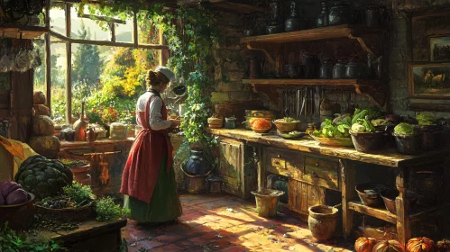 Rustic Kitchen Interior with Woman Cooking