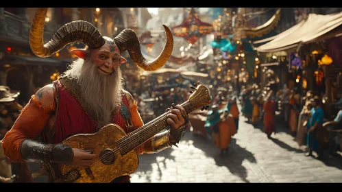 Smiling Horned Character Plays Guitar