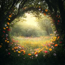 Sunlit Wildflower Meadow Through Floral Arch