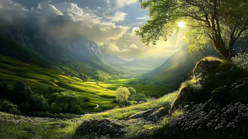 Picturesque Mountain Valley with Sunlight