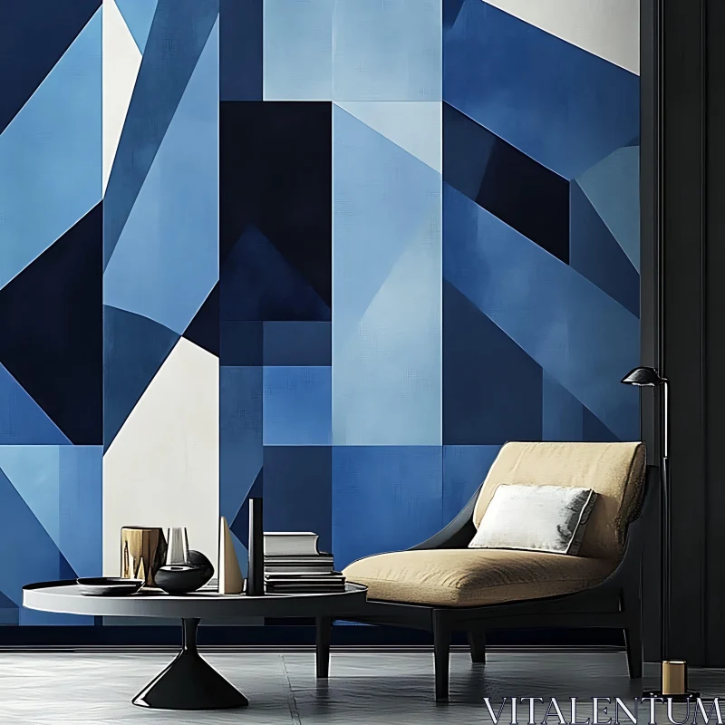 AI ART Contemporary Blue Geometric Wall Interior