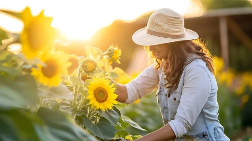 Woman Caring for Sunflowers at Sunset