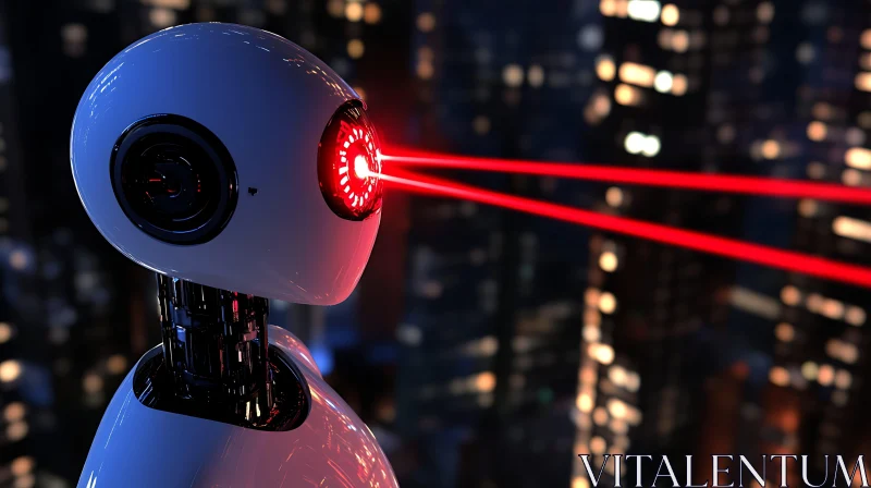 High-Tech Robot Emitting Red Lasers in Urban Setting AI Image