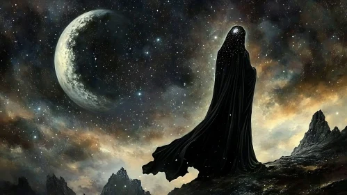 Celestial Watcher: Cloaked Figure and Moon