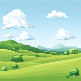 Cartoon Green Hills and Cloudy Sky