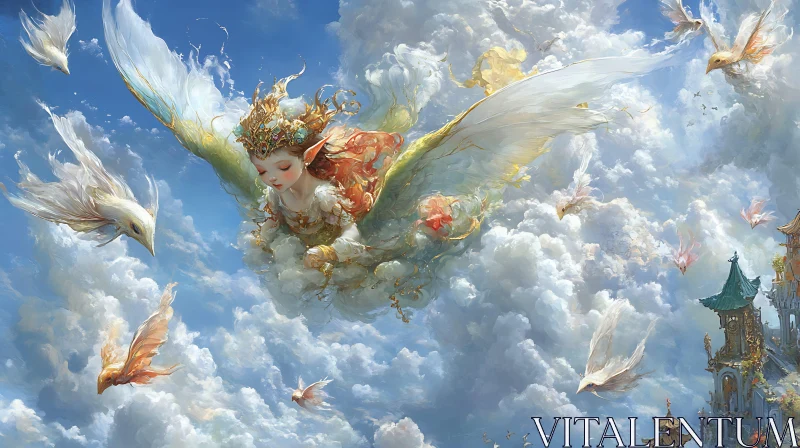 AI ART Serene Angel in Sky With Bird Companions