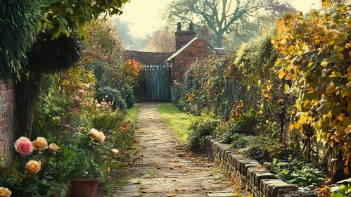 Tranquil Garden Pathway with Brick Cottage