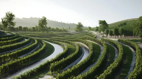 Green Vineyard with Water Stream