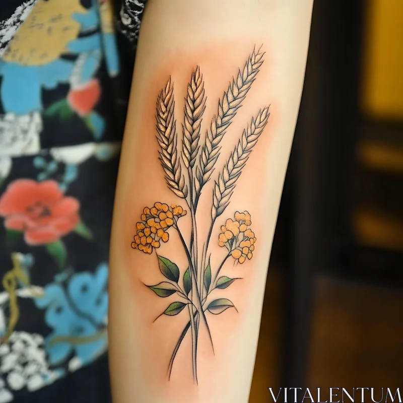 Floral and Wheat Arm Tattoo Design AI Image