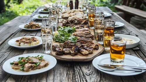 Rustic Table with Food and Drinks