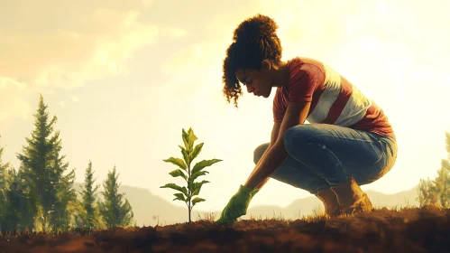 Woman Planting Seedling at Sunset