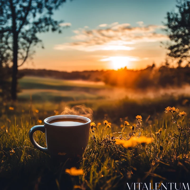 AI ART Coffee Cup in a Field at Dawn