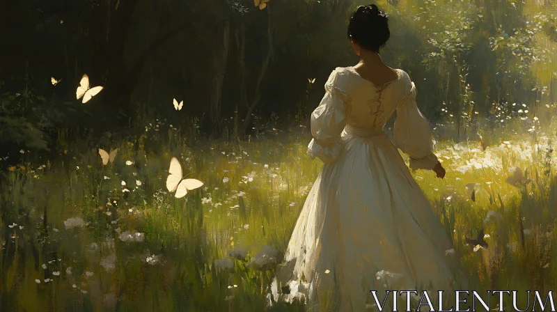 Lady in White Dress with Butterflies AI Image