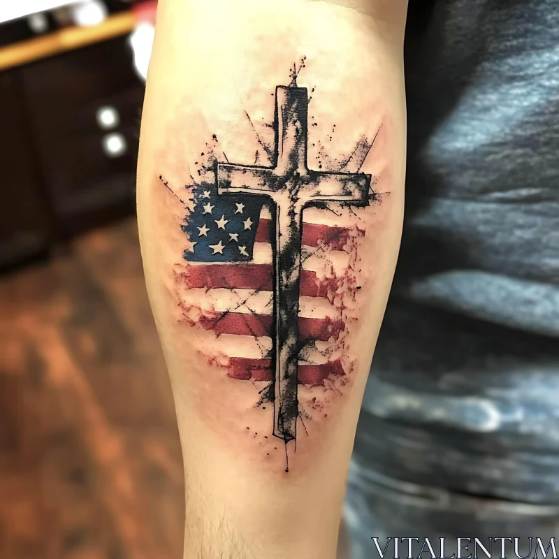 American Flag and Cross Forearm Tattoo AI Image