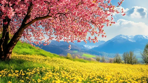 Blooming Spring Meadow with Mountain Backdrop