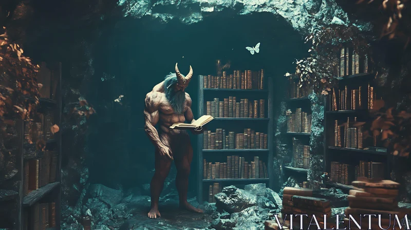 Horned Scholar in Subterranean Library AI Image