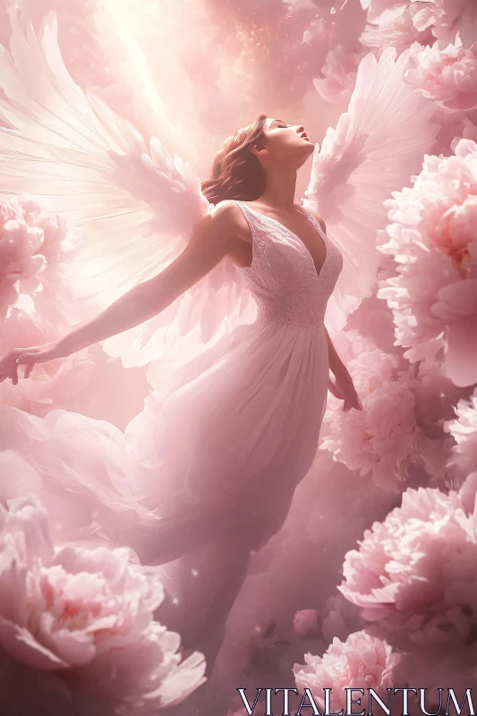 Angel with Wings Among Pink Flowers AI Image