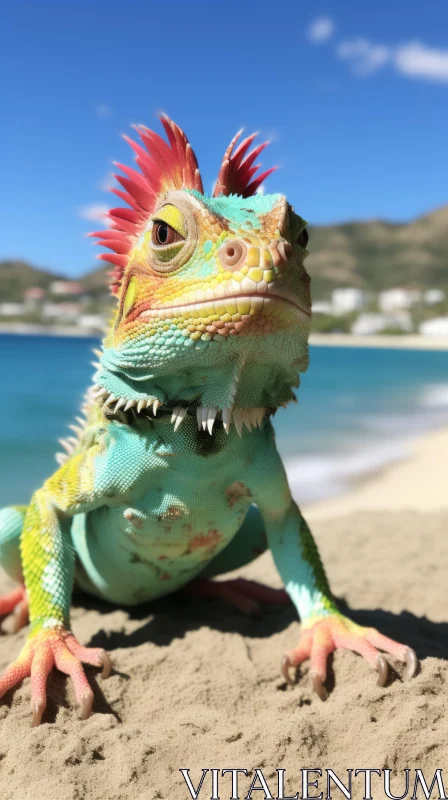 Green Lizard on Beach: Photorealistic Fantasy with Elaborate Costumes AI Image