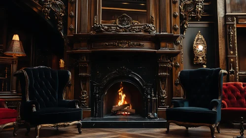 Vintage Interior with Fireplace and Armchairs