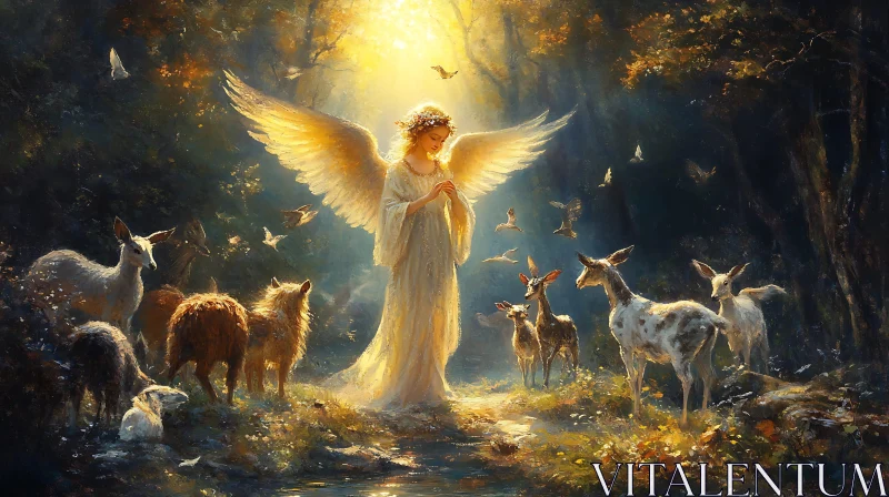 AI ART Golden Angel with Forest Animals Painting