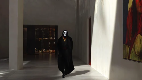 Dark Robed Figure in Minimalist Interior