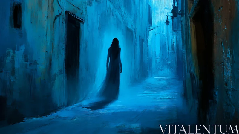 AI ART Blue Alley Woman Silhouette Artwork