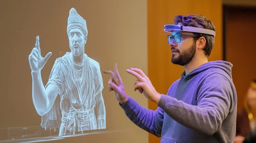 Man Interacting with Historical Hologram via VR