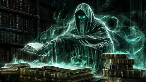 Ghostly Figure Reading Ancient Texts