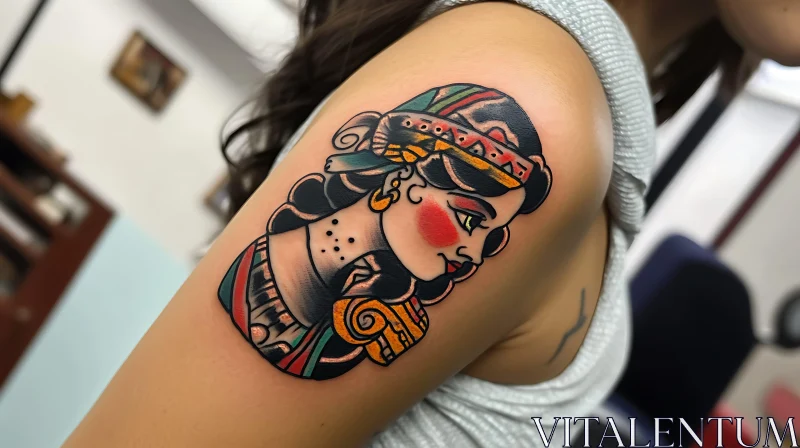 Vibrant Shoulder Tattoo of Woman's Profile AI Image