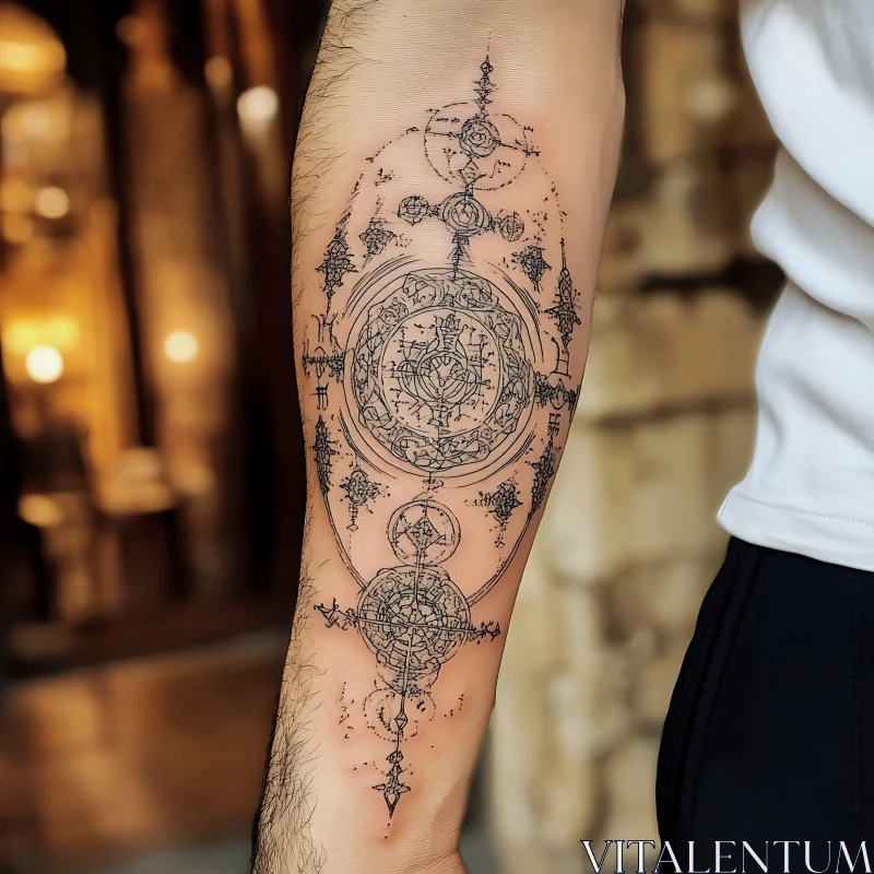 Detailed Geometric Tattoo Design on Arm AI Image