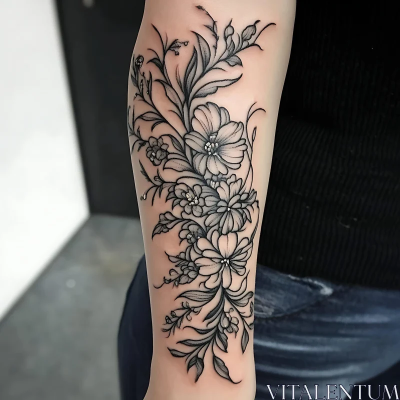 Intricate Black Ink Floral Tattoo on Forearm AI Image