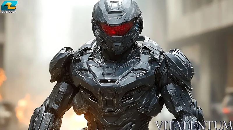 Metallic Cyborg with Red Visor in City AI Image