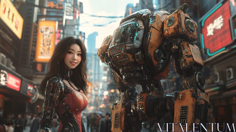 AI ART Cyborg Woman and Robot in Futuristic City