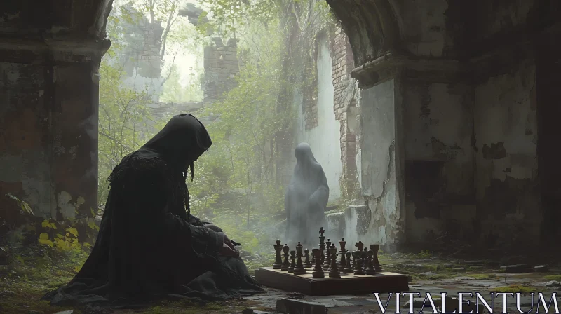 AI ART Ethereal Chess Match in Abandoned Ruins