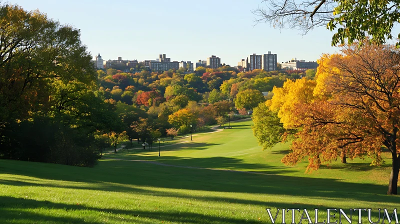 Autumnal Park with City Skyline AI Image