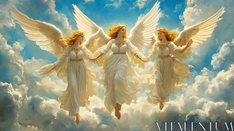 AI ART Three Angels with Wings in the Clouds