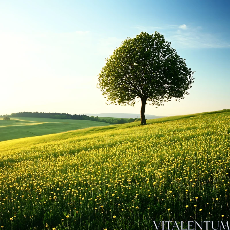 AI ART Solitary Tree in Floral Meadow