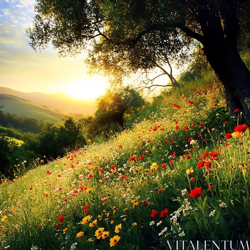 Picturesque Sunset in a Flower Field AI Image