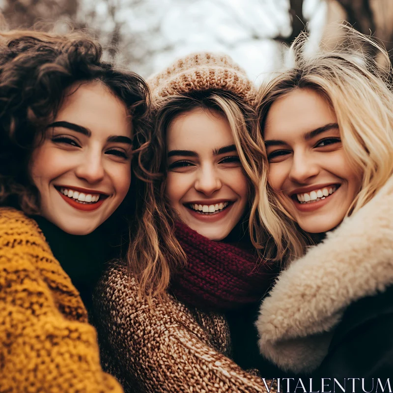 Three Smiling Women in Winter Apparel AI Image