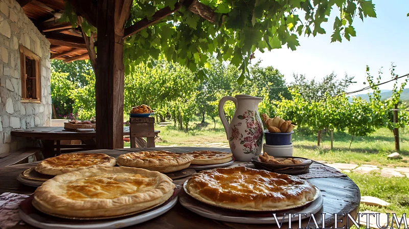 Countryside Feast with Pies and Vineyard AI Image