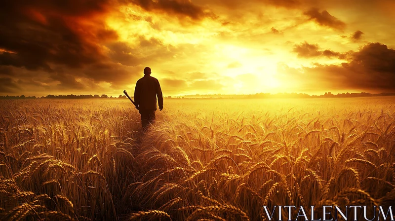 AI ART Golden Wheat Field Sunset Silhouette