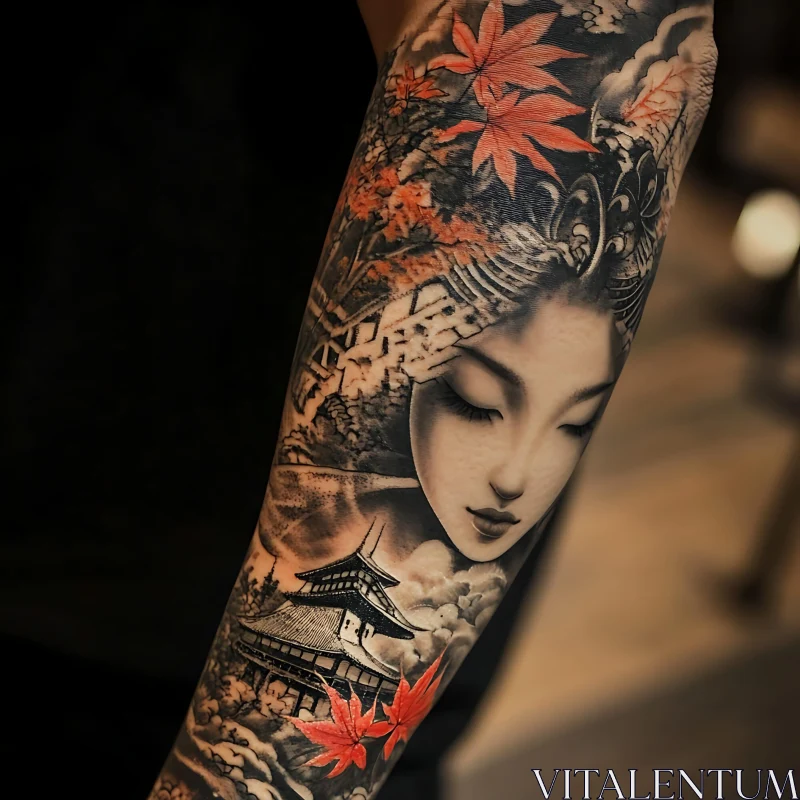 Serene Geisha and Pagoda Tattoo AI Image