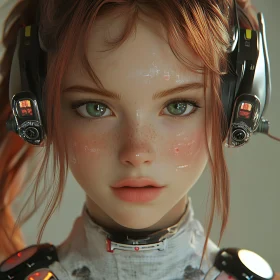 Female Cyborg with Green Eyes and Freckles