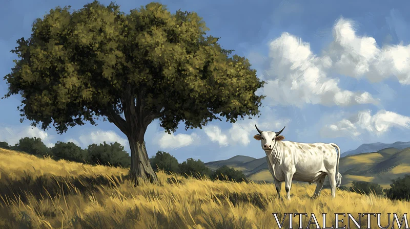 Pastoral Scene with Cow and Tree AI Image