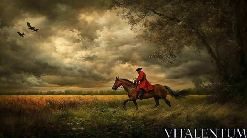 Horseman in Red Under Stormy Sky AI Image